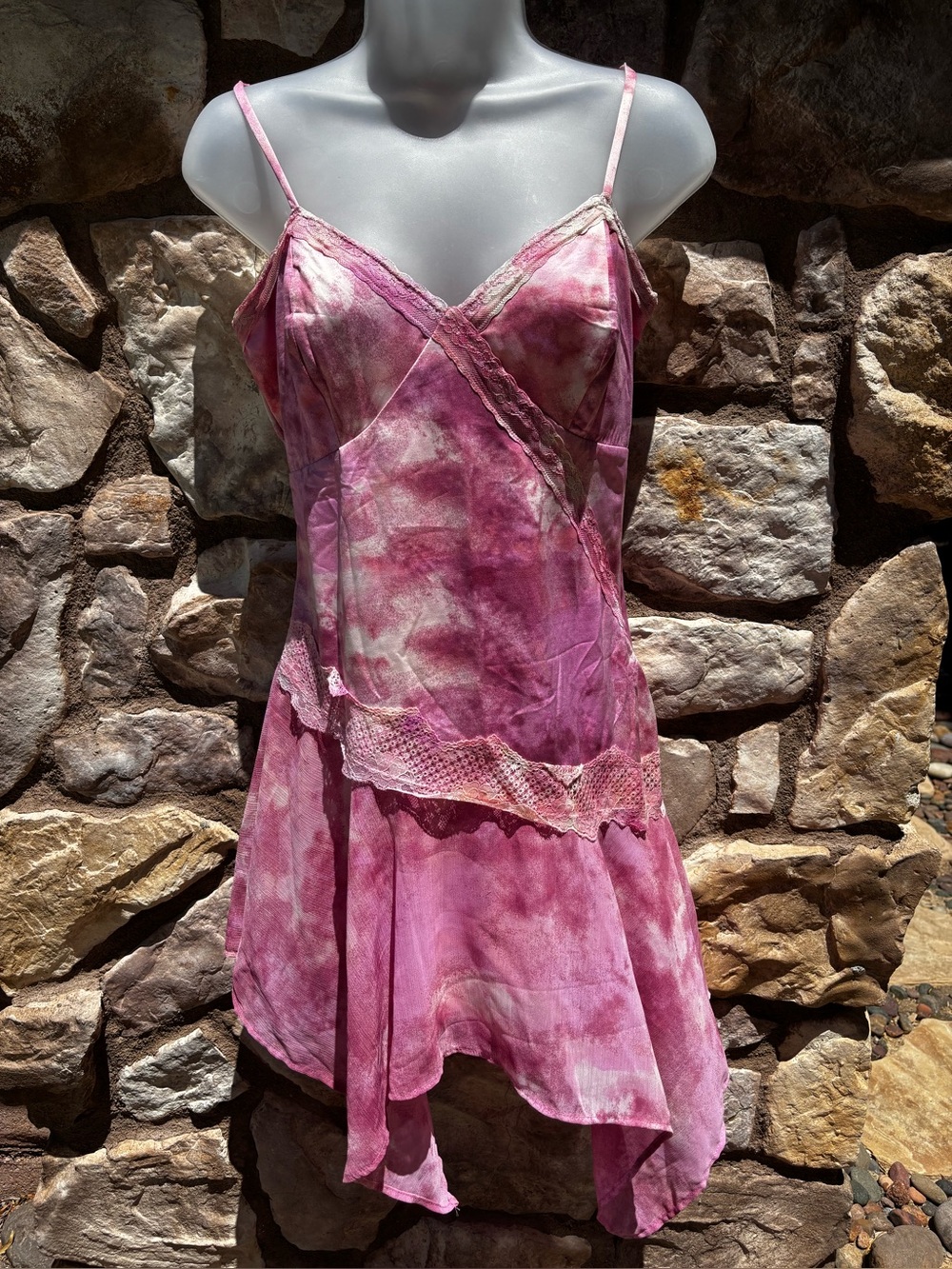 Slip Dress Asymmetrical Babydoll Fairy Lace Trim Y2K Pink XS